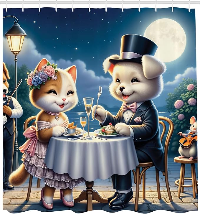 Ambesonne Cat Shower Curtain, Smiling Happy Kitty Lady and Gentleman Puppy Romantic Dinner Date Print, Cloth Fabric Bathroom Decor Set with Hooks, 69" W x 84" L, Night Blue Rose Apricot