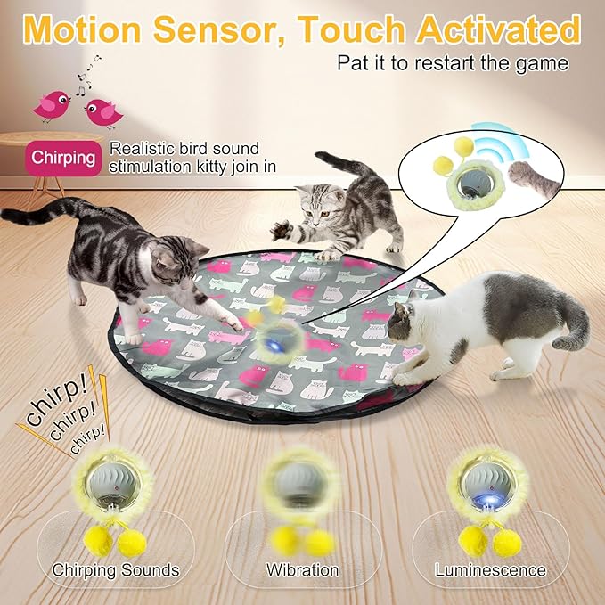 Interactive Cat Toys for Indoor Cats Kitten Puppy, Automatic Motion Cat Toy in Pouch Fast Rolling Ball in Play Mat Hide and Seek Mouse Catching Game with Chirping Stimulation, LED Lights, Auto On/Off