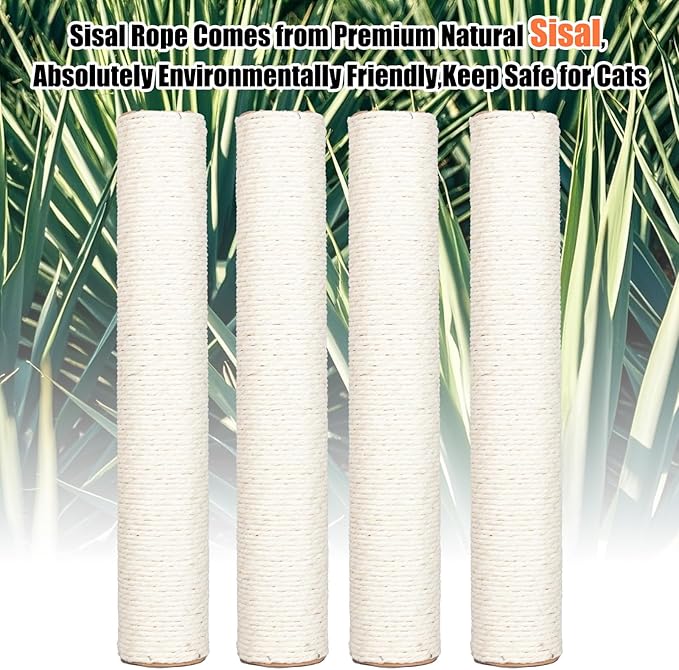 PowerKing Natural Sisal Replacement Scratching Post, 4 Pieces M8 Cat Scratch Post Refill Pole Parts for Refurbishment, White, Include Screws, 15.74''+11.88''+7.87''+3.93''