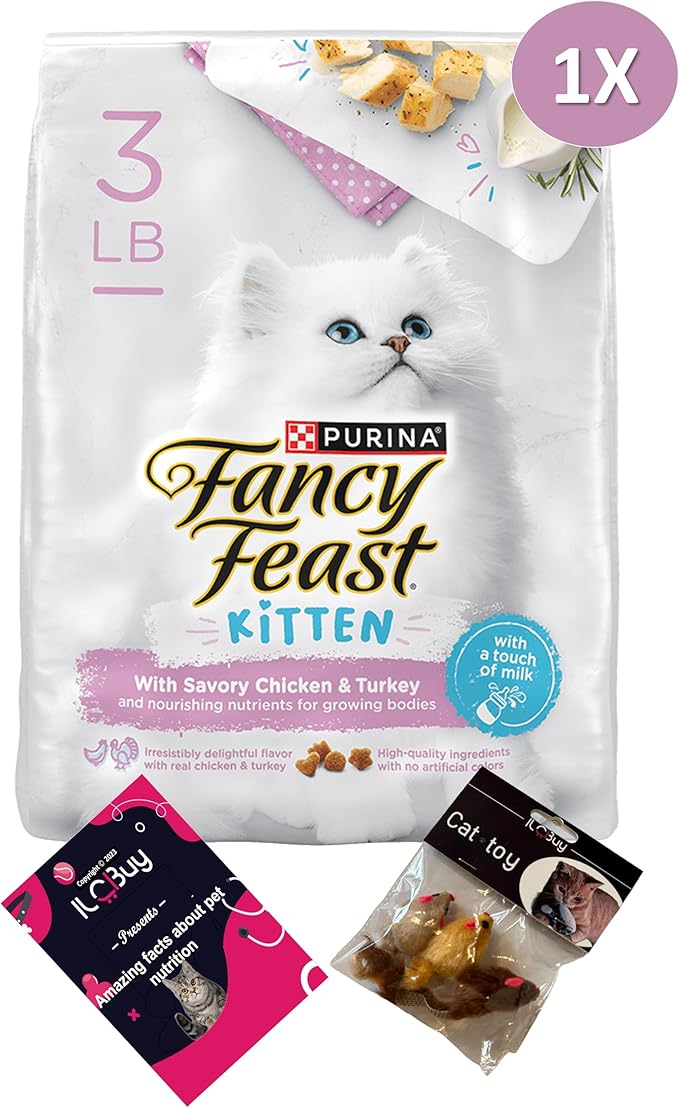 Kitten Bundle: 1 Bag (3 lbs) of Dry Kitten Food with Savory Chicken & Turkey, 1 cat Toy kit with 3 Mouse Toys, and 1 Booklet About pet Nutrition