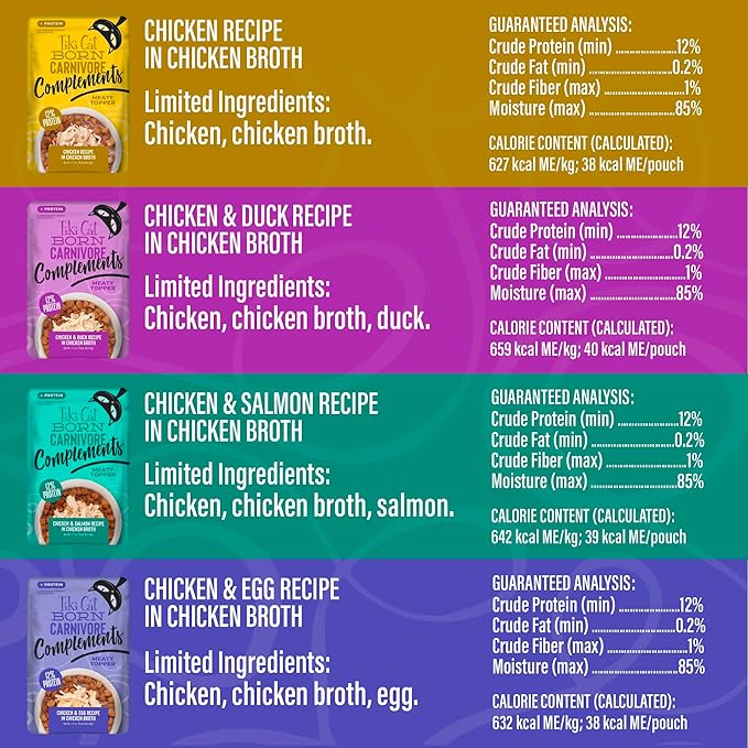 Tiki Cat Born Carnivore Complements Wet Cat Food Topper, Variety Pack 2.1 oz. Pouch (12 per Box)