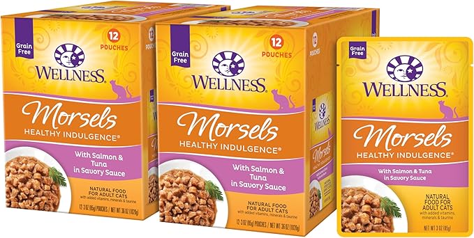 Wellness Healthy Indulgence Morsels Grain-Free Wet Cat Food, Made with Natural Ingredients and Quality Proteins, Complete and Balanced Meal, 3 oz Pouches (Salmon & Tuna in Savory Sauce, 24 Pack)