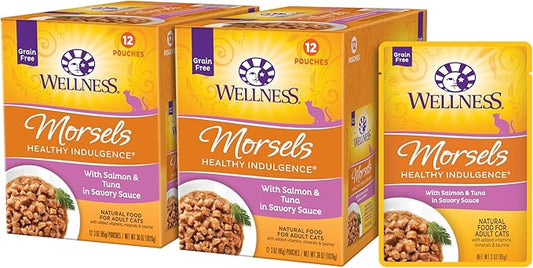 Wellness Healthy Indulgence Morsels Grain-Free Wet Cat Food, Made with Natural Ingredients and Quality Proteins, Complete and Balanced Meal, 3 oz Pouches (Salmon & Tuna in Savory Sauce, 24 Pack)