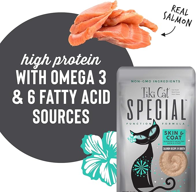 Tiki Cat Special Skin & Coat Mousse, Salmon Recipe, Specially Formulated with Omega Fatty Acids, Functional Wet Cat Food for Adult Cats, 2.4 oz. Pouch (Pack of 12)