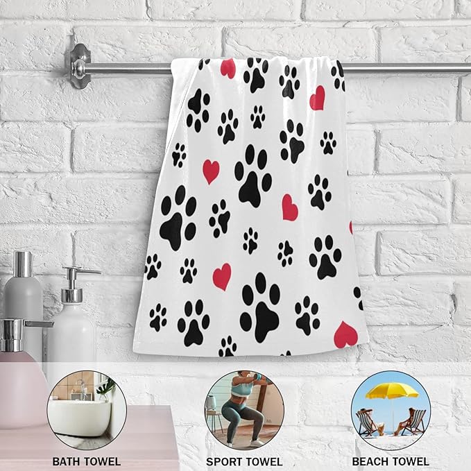 2 Pack Black White Hand Towels for Bathroom,Soft Absorbent Funny Animal Dog Cat Pet Paw Footprint Red Love Heart Kitchen Towels,Decorative Guest Bathroom Towels for Face,Shower,Gym 14"x28"