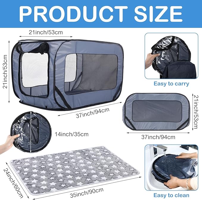 37 Inch Portable Cat Dog Crate with Mat Liner Pop up Dog Kennel Pet Tent Car Seat Travel Kennel Bed for Indoor Outdoor Waterproof Pet Crate Cage for Large Cat Medium Puppy Camping(Gray)