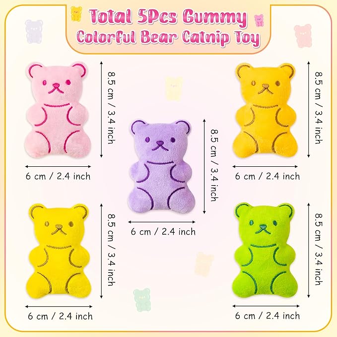 MALLMALL6 Catnip Toys for Cat - 5Pcs Gummy Colorful Bear Catmint Interactive Cat Toy for Indoor Cats, Soft Plush Candy Cat Supplies, Kitten Teething Chew Toy Set, Cute Pet Gifts for Cat Lover