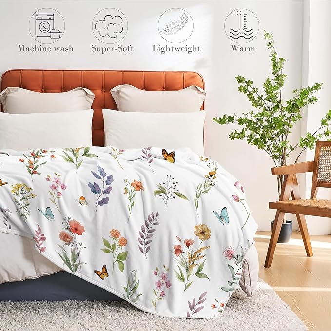 Floral Flower Throw Blanket Botanical Plant Throw Blankets Colorful Flannel Fleece Throw Blankets Watercolor Butterfly Cozy Fuzzy Plush Blanket for Bed Chair Couch 50" X 60"