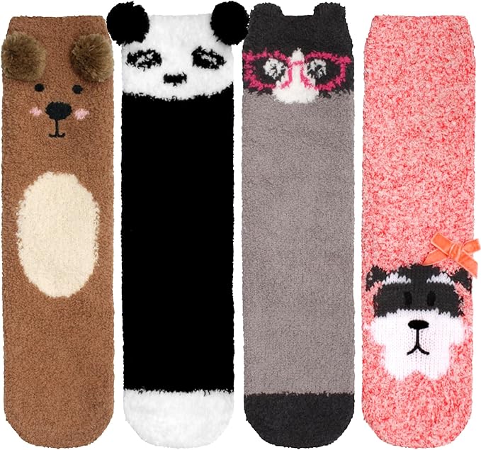 BambooMN Super Soft Warm Cute Furry Animal Non-Slip Fuzzy Cozy Fluffly Crew Winter Home Socks, Value Pack