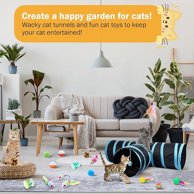 Wettarn 22 Pieces Cat Toys Set, with 2 Collapsible Cat Tunnels for Indoor Cats and 20 Kitten Toys Cat Tubes and Tunnels Interactive Cat Feather Toy Mouse Crinkle Balls for Cats Puppies (Black, Blue)