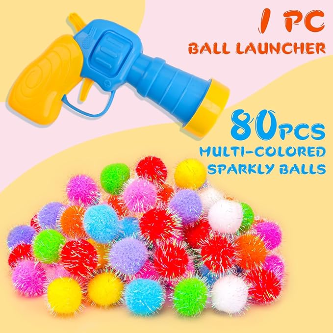 BooTaa Pet Toys, Interactive Cat Toy Set, 80pcs Glitter Pom-Poms Cat Ball Toy with 1 Launcher, Safe Soft Cat Toy Balls for Fetch, Training, Playing