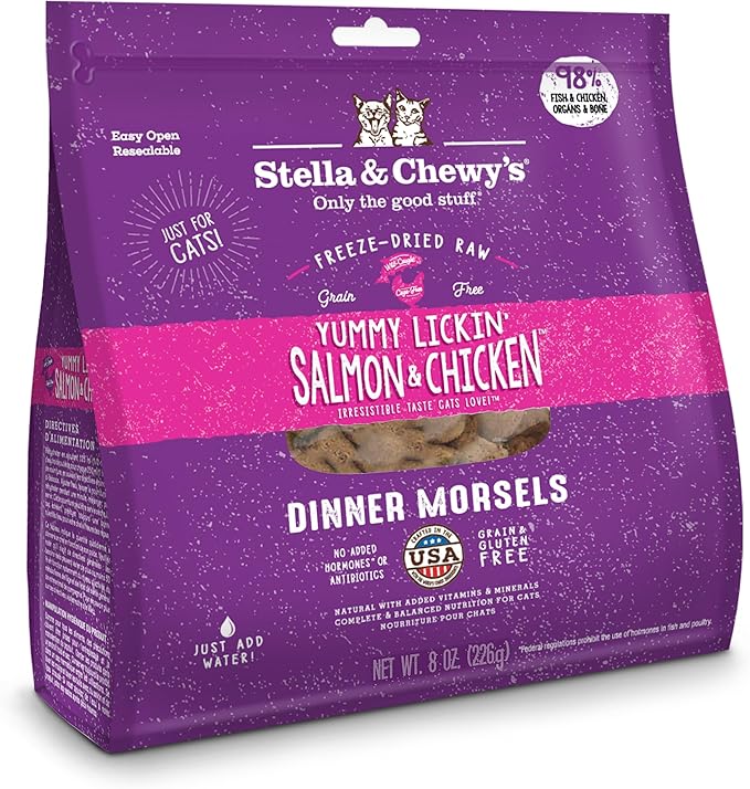 Stella & Chewy’s Freeze-Dried Raw Cat Dinner Morsels – Grain Free, Protein Rich Cat & Kitten Food – Yummy Lickin’ Salmon & Chicken Recipe – 8 oz Bag