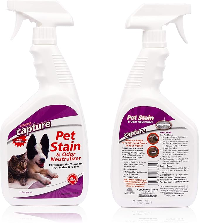 Capture Pet Stain & Odor Neutralizer - Pet Stain Remover for Carpet, Wood, Leather, Rug, Bed, Couch, Car, Upholstery, Clothes, Curtains, Wall, Floor, Concrete - 32oz Portable Spray Bottle (2 Pack)