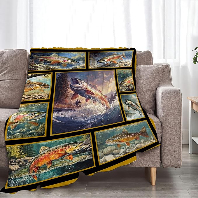Fishing Throw Blanket Ultra Soft Cozy Rainbow Trout Fish Blanket Fleece Fuzzy Plush Fishing Lovers Decor Gifts for Women Girls Adults Couch Sofa 60"x50"