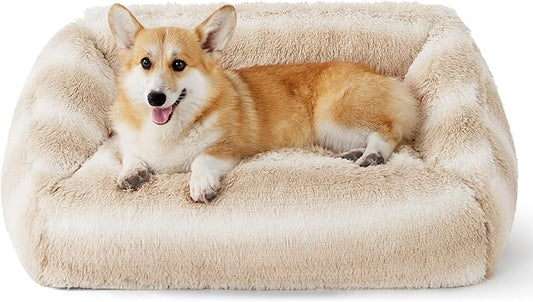 Lesure Dog Bed Medium Size - Cute Furry Calming Puppy Beds, Rectangle Washable Indoor Pet Beds with Removable Zipper Cover, 35x25x11inches, Beige Stripe