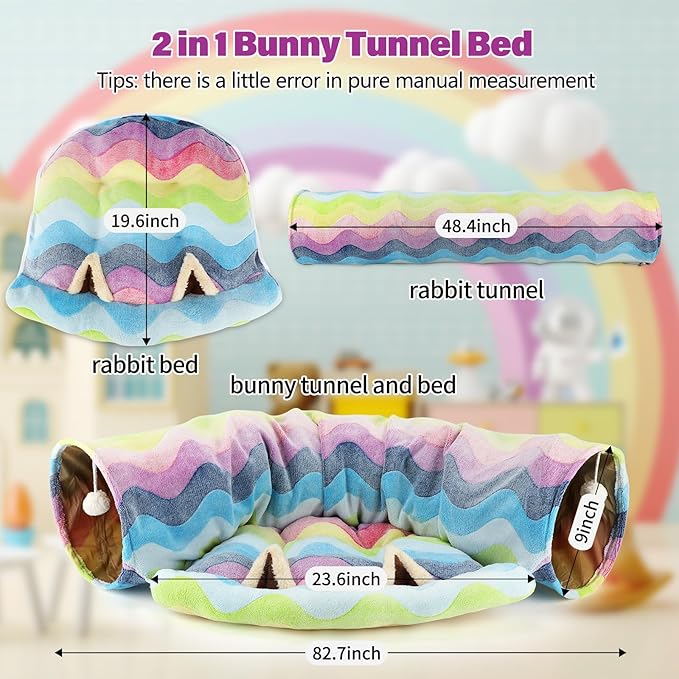 BWOGUE Bunny Tunnel Bed, 2-in-1 Collapsible Tunnel Tubes Toys with Removable Mat Hideout for Cats Kittens Rabbits Guinea Pigs Kitty