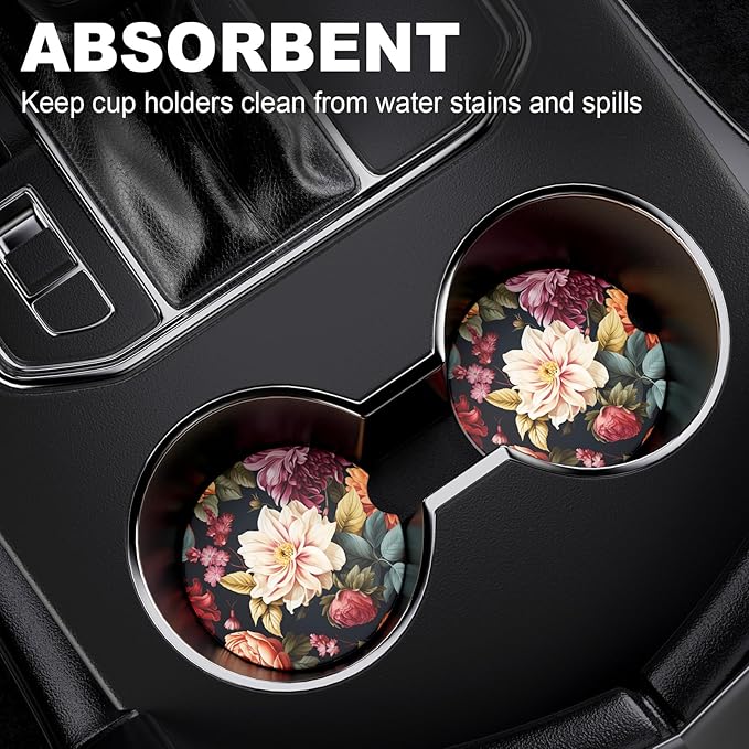 2 Pack Car Cup Holder Coasters, 2.63 inch Anti Slip Insert Absorbent Ceramic Coasters with Cork Base and Finger Notch, Cute Car Accessories Interior for Women