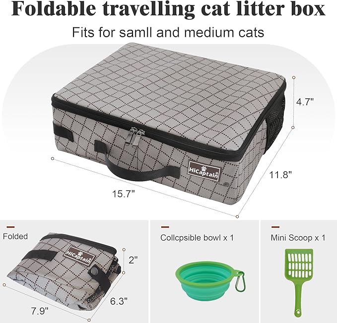 HiCaptain Portable Cat Travel Litter Box with Lid, Collapsible Travel Litter Box for Small Medium Cats, Leak Proof, Odor Free, Waterproof Foldable Standard Litter Carrier Box for Outdoor - Khaki