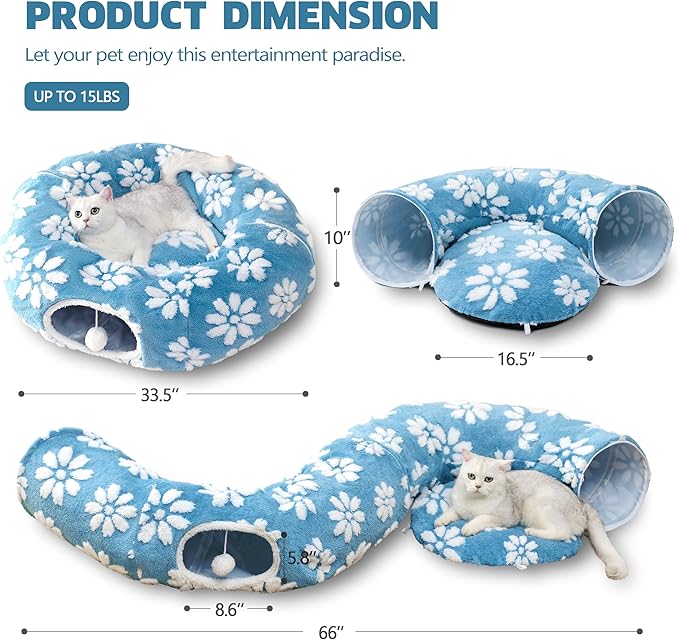 Cat Tunnel for Indoor Cats, Cute Peekaboo Cat Cave Play Tunnel with Dangling Balls, Pet Donut Tunnel Bed with Circle Mat for Cat Puppy Kitten Rabbit, Blue