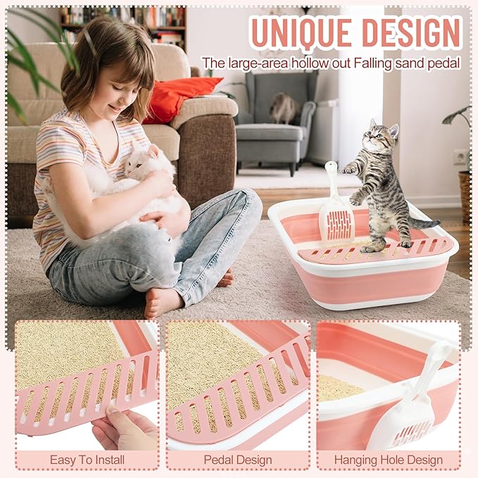 2 Set 14 Pcs Cat Kitten Starter Kit Foldable Cat Litter Box with Shovel Small Litter Pan Collapsible Cat Toilet Paw Litter Mat Cat Collars Cat Bowls Cat Toys Teaser Stick for Beginner(Pink)