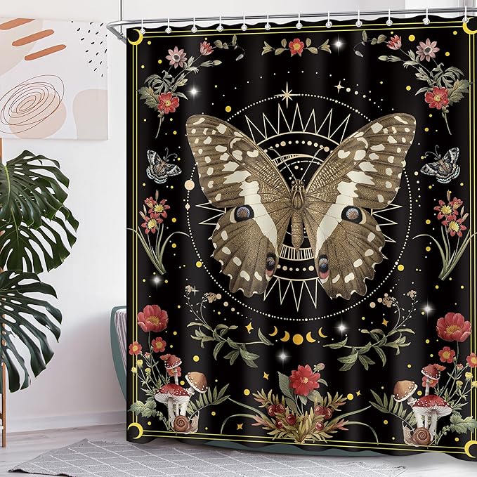 Black Red Moth Mushroom Flower Shower Curtain Sets for Bathroom 60Wx72H Wichy Boho Shower Curtain Gothic Polyester Bathtub Curtain Plant Butterfly Floral Bathroom Decor with 12 Hooks