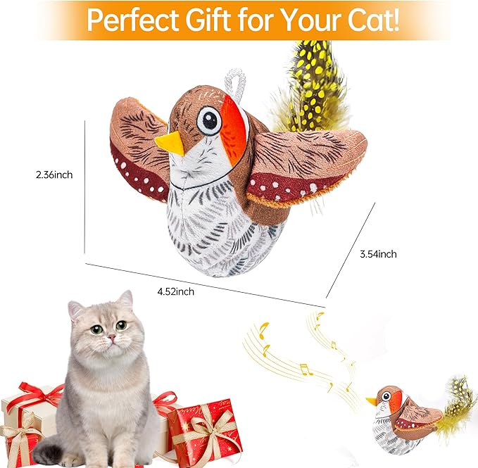 Chirping Bird Cat Toys Hanging Cat Feather Toy - Catnip Interactive Cat Toys for Indoor Cats - Automatic Cat Toy for Cat Exercise & Kicker to Self Play (Gray New)