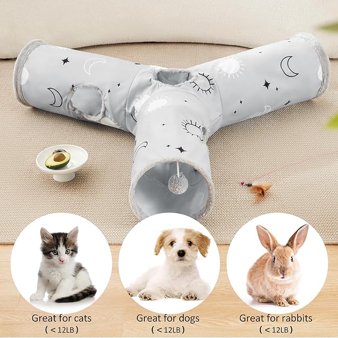 Love's cabin Large Cat Tunnel Toy 3 Way Collapsible, Cat Tunnels for Indoor Cats Large, Cat Play Tunnel with 4 Peek Hole Plush Ball & Feather Toy for Cat, Kitty, Kitten, Rabbit, Puppy Gray Sun