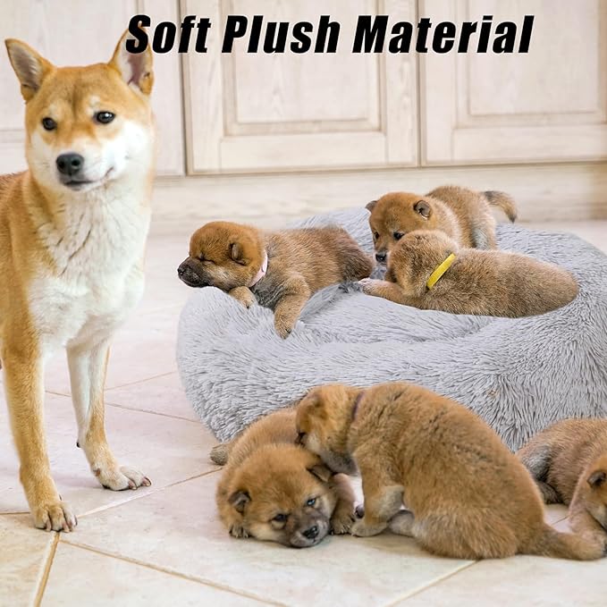 Calming Dog Bed, Dog Beds Fits up to 5 lbs Pets, Fluffy Donut Dog & Cat Bed Washable, Round Anti Anxiety Dog Bed, Small Dog Bed with Non-Slip Bottom (Light Grey, 17" x 17")