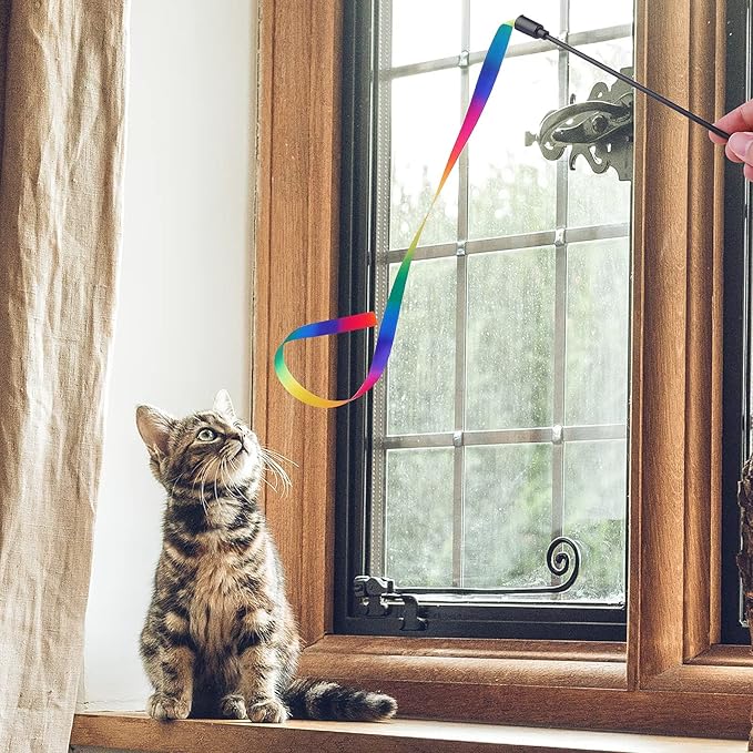 Molain Cat Wand Interactive Toy, 5Sets Colorful Fabric Ribbon Sticks, Cat String Toy for Indoor Interactive, Pet Toys for Kitten Exerciser Accessories(Rainbow Cat String Toy)