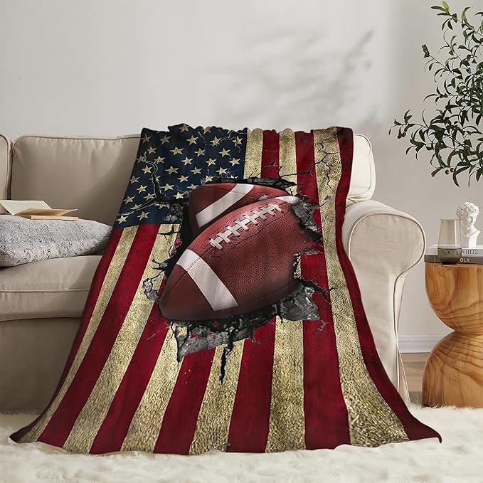 Football Print Blanket American Flag Sports Throw Blankets for Couch Room Stuff Decor Boys Girls Team Gifts Accessories Fleece Plush Flannel Bedding for Lover Men Women College Players Teen 60"x80"