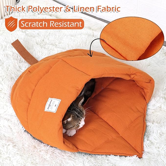 Cat Sleeping Bag,Cozy Cat Bed Cave Leaf Nest,Linen Fabric Pet Cuddle Zone,Covered Hide Warm Burrowing Soft Durable Washable Cat Bed for Indoor Puppy and Kitten(Maple Leaf Orange)