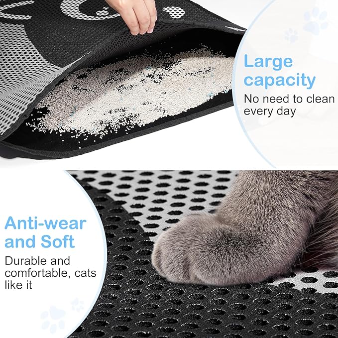 Bienbee Cat Litter Mat, 46"x27" Jumbo Litter Mat Double Layer Litter Trapping Mat,Reduces Tracking and Keeps Floors Clean, Black Cat XL