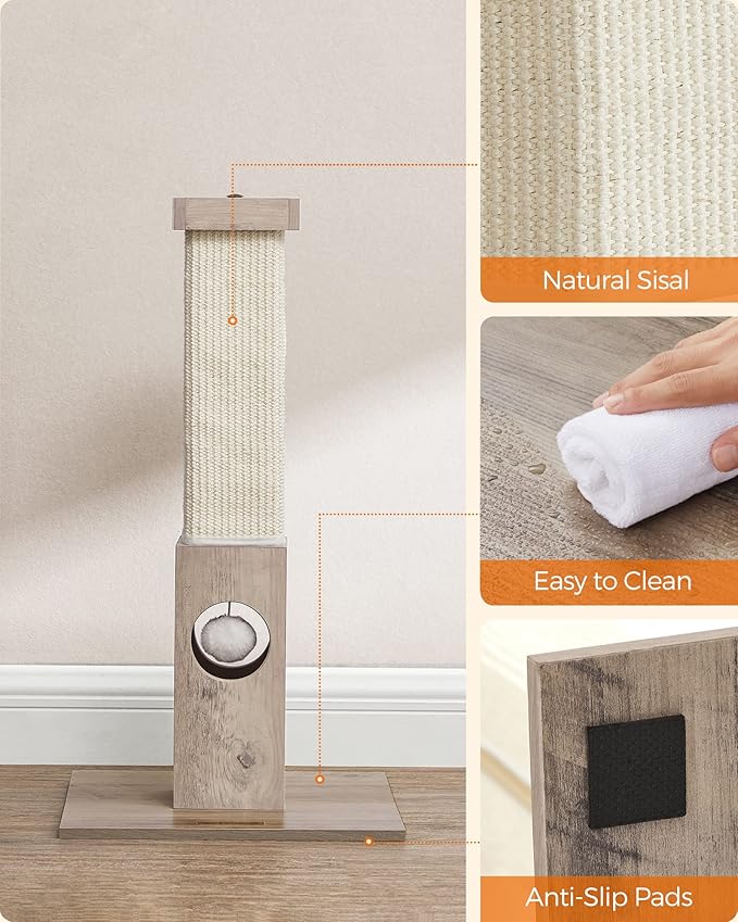 Feandrea Cat Scratching Post, Cat Scratcher for Indoor Cats, 28.7 Inches Tall, Furniture Scratching Deterrent Sisal Scratch Pole with Toy, Greige UPCA021G01