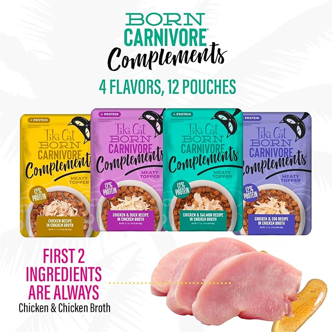 Tiki Cat Born Carnivore Complements Wet Cat Food Topper, Variety Pack 2.1 oz. Pouch (12 per Box)