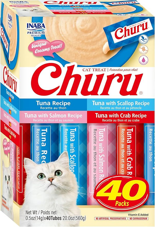 INABA Churu Cat Treats, Grain-Free, Lickable, Squeezable Creamy Purée Cat Treat/Topper, 0.5 Ounces Each Tube, 40 Tubes, Tuna Varieties Box