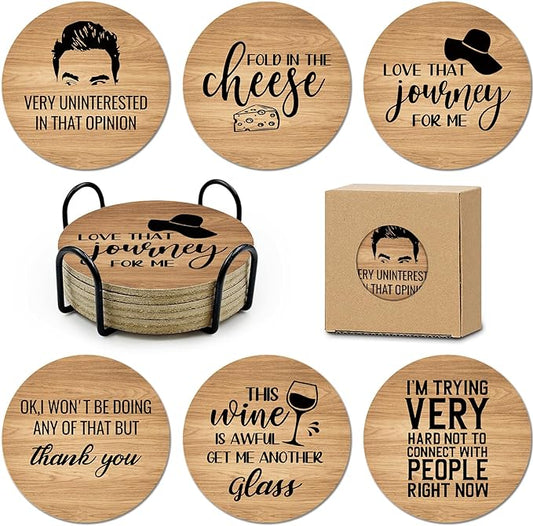 6 PCS Funny Schitts Cork Coasters for Drinks,Schitts TV Show Merchandise,Set with Coaster Holder Coffee Table Tea Table bar,Creek TV Themed Coasters Gifts for Fans