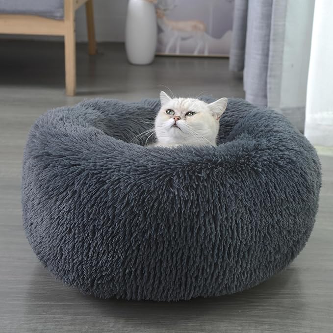 Calming Dog Bed for Cats and Small Dogs, Donut Washable Small Cat Bed for Indoor Cats and Dogs, Anti-Slip Round Fluffy Plush Faux Fur Pet Bed for Small Cats and Dogs (Dark Grey, 15.7")