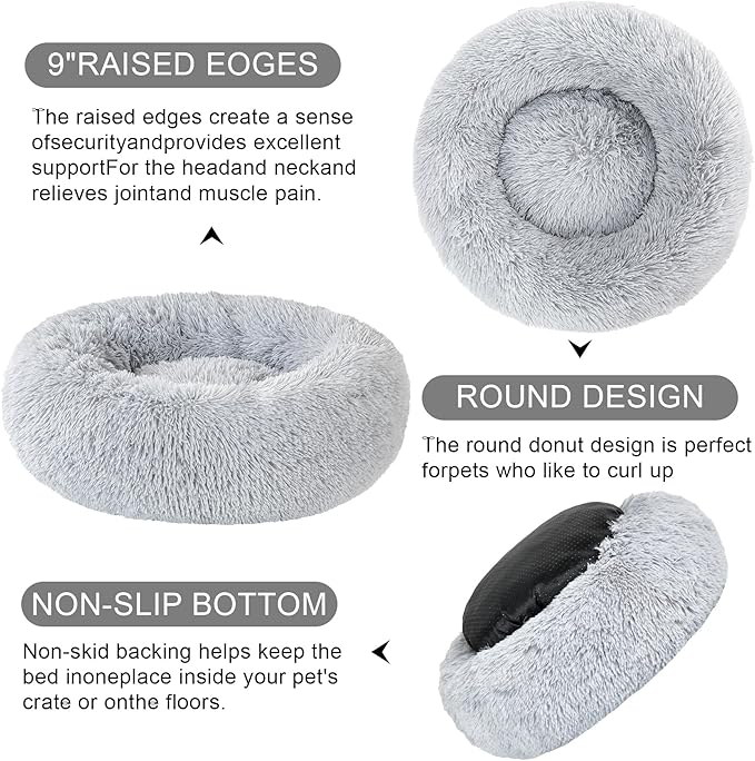 Dog Bed Calming Dog Beds for Small Medium Dogs - Round Donut Washable Dog Bed, Anti-Slip Faux Fur Fluffy Donut Cuddler Anxiety Cat Bed(Light Grey 32")