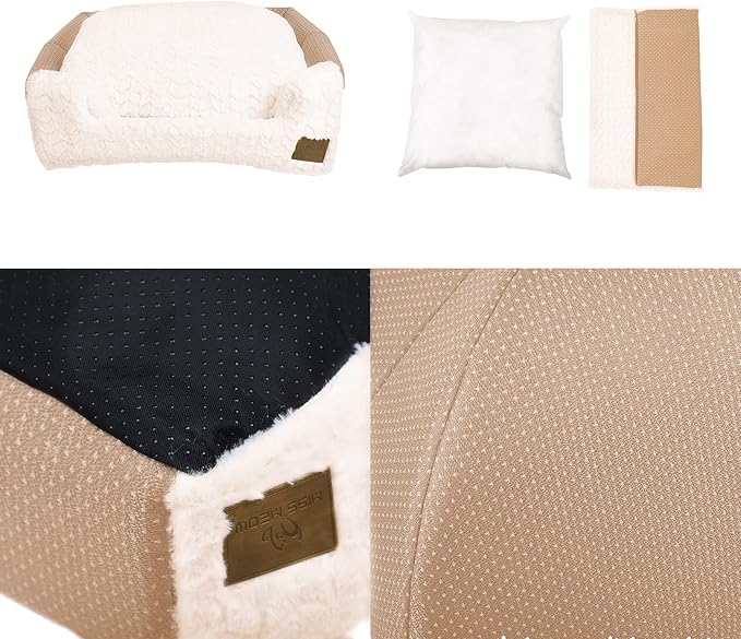 Cat Dog Tent Triangle Bed Removable Cushion Cover Two Way Conversion (Large, Beige Linen)