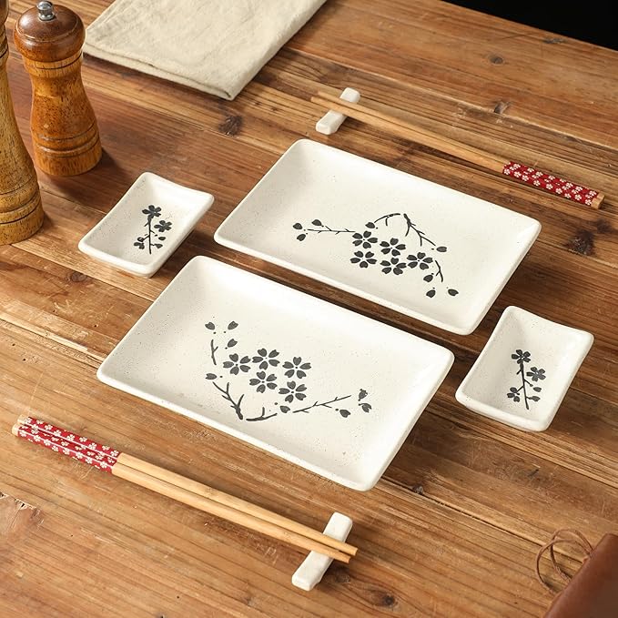 8 pcs Japanese Sushi Plate Sets Serving Platters and Trays for Entertaining Sushi Dishes Set Plates Sushi Plates Traditional Cuisine Dinnerware Sets with Chopsticks Floret