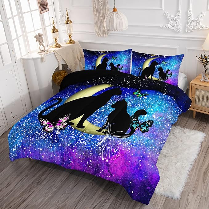 Black Cat Bedding Cartoon Cat Comforter Set Full,Butterflies Moon Printed Kids Bedding Set for Kids Boys Girls Adults Teens,Kids Comforter Set All Season,1 Quilt 2 Pillow Cases,Blue
