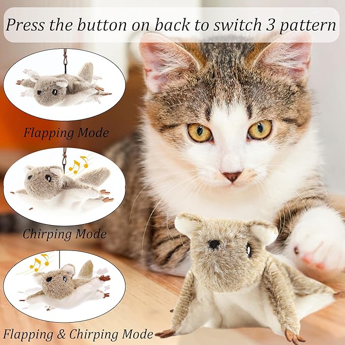 Suhaco USB Rechargeable Cat Toys Flapping & Chirping Mouse Kitty Toys with Catnip, Door Hanging Interactive Squeaky Flying Squirrel Cat Toys Touch Activated Beating Wings Kitty Kicker Toys for Cats