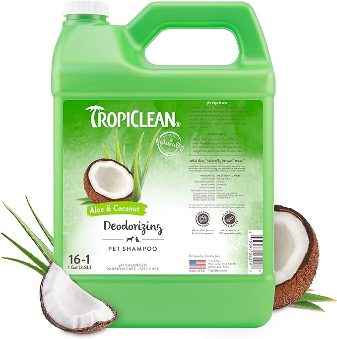 TropiClean Deodorizing Cat & Dog Shampoo for Smelly Dogs, Cats, Puppies, and Kittens, Powerful Odor Control, Coconut Scent, Made in the USA, 1 gallon