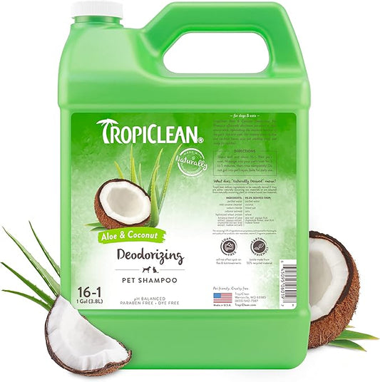 TropiClean Deodorizing Cat & Dog Shampoo for Smelly Dogs, Cats, Puppies, and Kittens, Powerful Odor Control, Coconut Scent, Made in the USA, 1 gallon