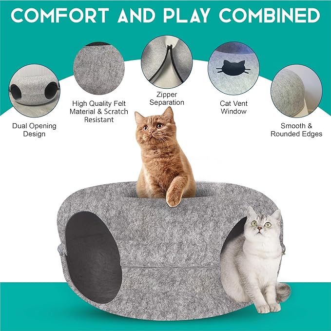 DMMC Cat Tunnel Bed, Detachable Donut Cave for Indoor Cats, Peekaboo Nest Donut for Large Cats, Hideaway Cave 2 Toys & 1 Hair Remover Brush - Washable Pet Tunnel Bed Scratch Resistant (24" Light Grey)