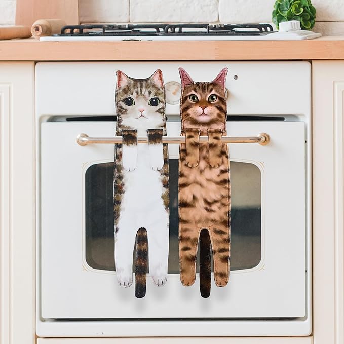 Cat Hand Towels for Kitchen Bathroom - Cute Cat Decor Gadgets - Hanging Soft Absorbent Hand Face Towel - Funny Birthday Housewarming Holiday Unique Gifts for All Women Mom Lady Cat Lovers - Tabby