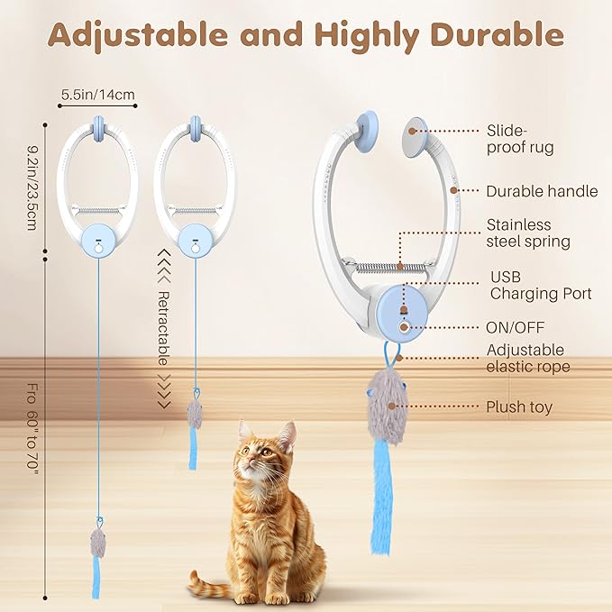 Cat Toys, Interactive Cat Feather Toys for Indoor Cats, Hanging Retractable Teaser Toy Kitten Play Chase Exercise, Automatic Kitten Mental Exercise Toys with Three Mices Plush Toys (Blue)