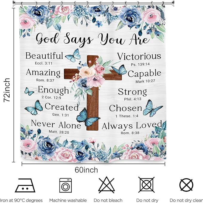 Bible Flower Shower Curtain 60Wx72L Inch Christian Scripture Cross Inspirational Motivational Positive Bathroom Set Accessories Decor with 12 Pack Hooks