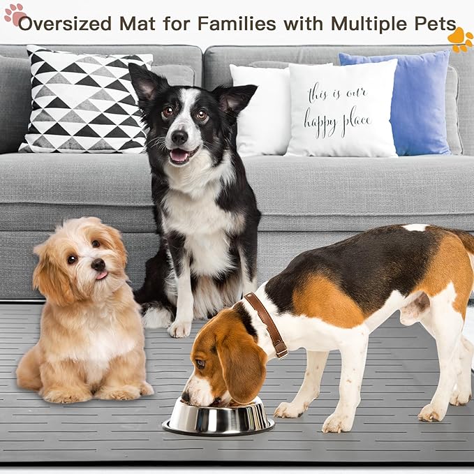 Large Dog Food Mat, Silicone Dog and Cat Mat for Food and Water Bowls, Waterproof Pet Feeding Mat for Contain Spills Protects Floors, Multiple Colors & Sizes for Pets (32"x24", Dark Gray)