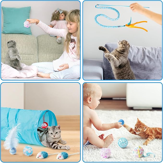 MALLMALL6 11Pcs Cat Toy Set Interactive Cat Toys Pack with Foldable Blue Tunnel Feather Teaser Wand Cat Springs Mice Crinkle Balls and Pet Bell Balls, Puzzle Toys for Indoor Cats Gift (Blue)